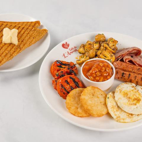 Full English Breakfast — eggs, sausage, bacon, baked beans, hash browns, grilled tomato